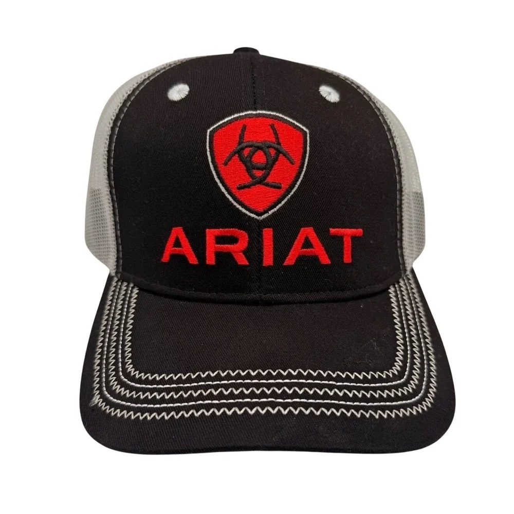 Ariat Mens Black Grey Mesh Back‎ Trucker Hat Red Logo Embroidered Adjustable Cap